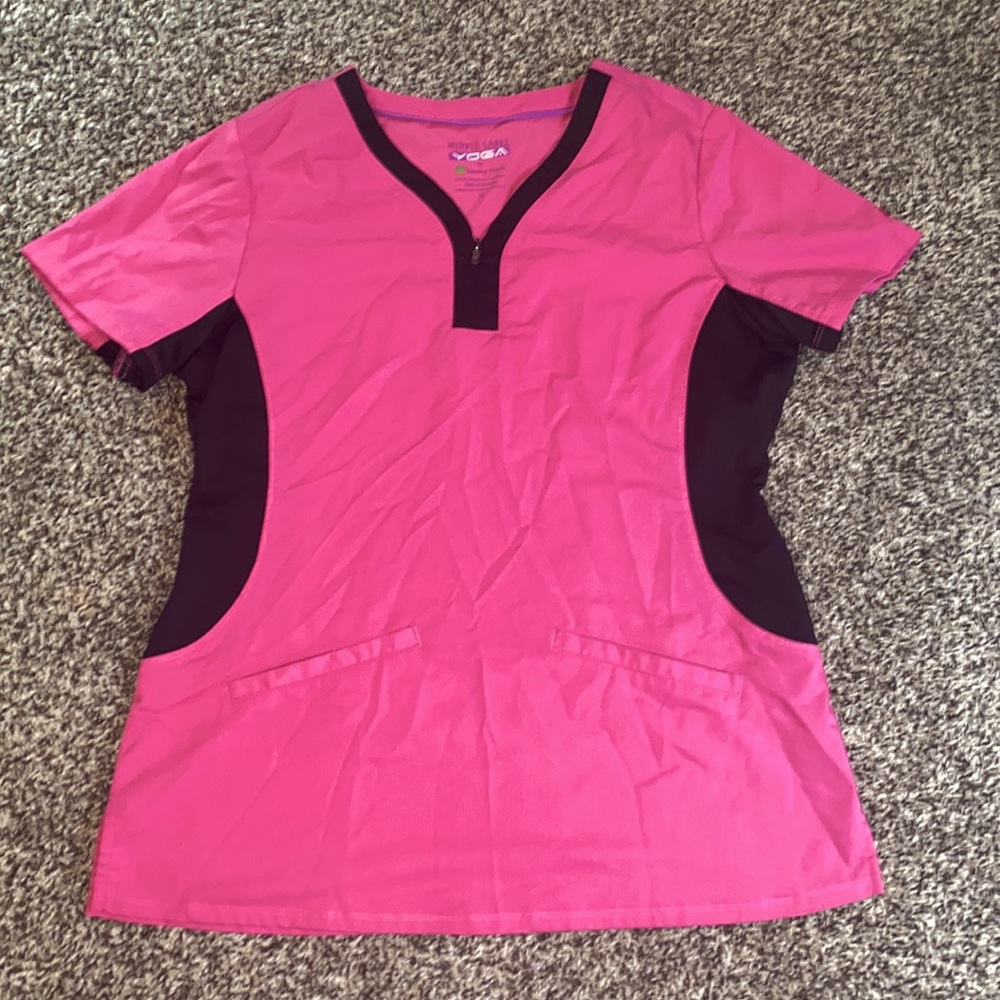 Hot pink scrub top. Purple label by healing hands, the yoga collection